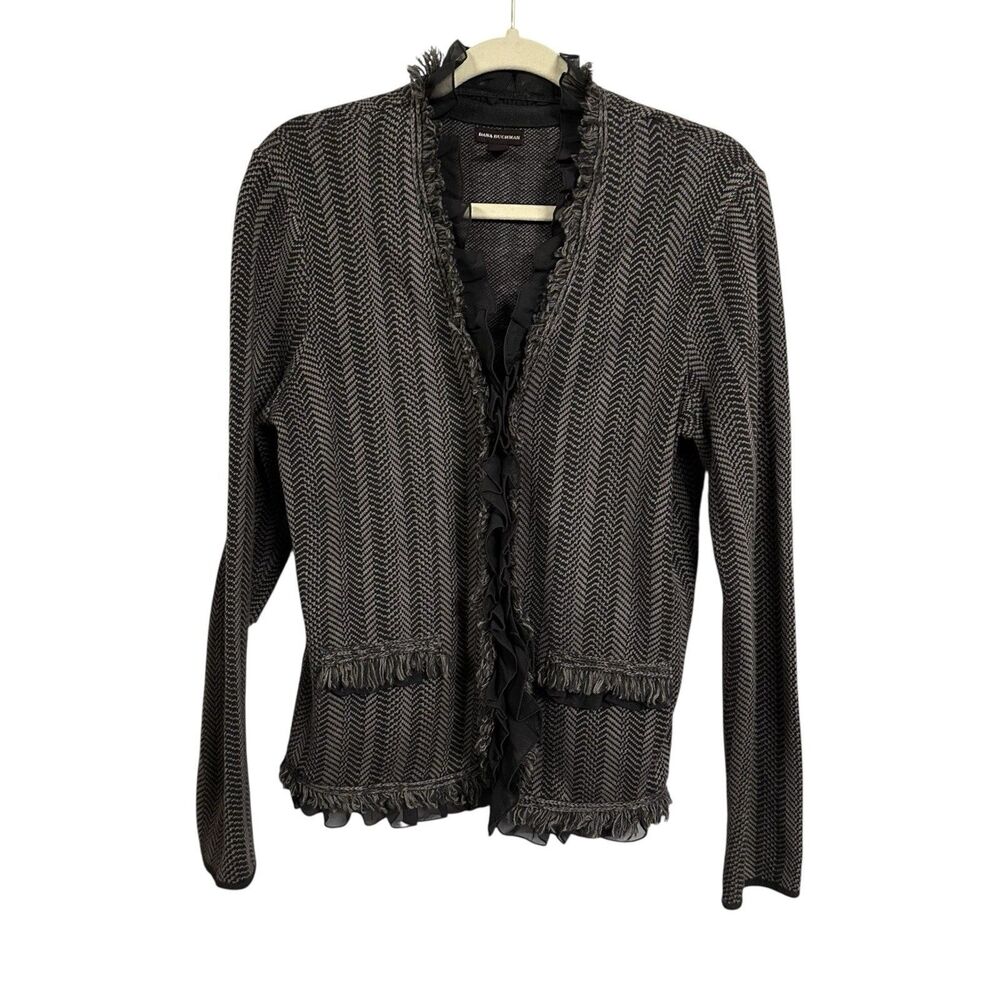 Dana Buchman Women's Sz M Gray Knit Ruffled Fringe Wool Blend Cardigan Sweater